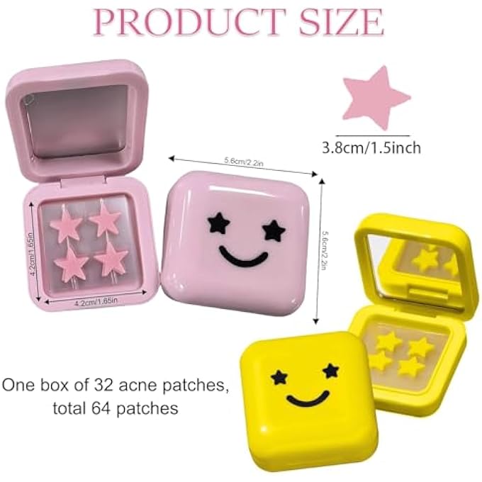 STRBOXONG STAR PIMPLE PATCHES FOR FACE, DOTS FOR SPOTS, STAR SPOT PATCHES WITH HYDROCOLLOID DESIGN  64PCS PINK AND YELLOW, MIRROR CASE, FOR TEENS TRAVEL EMERGENCY USE - Image 2